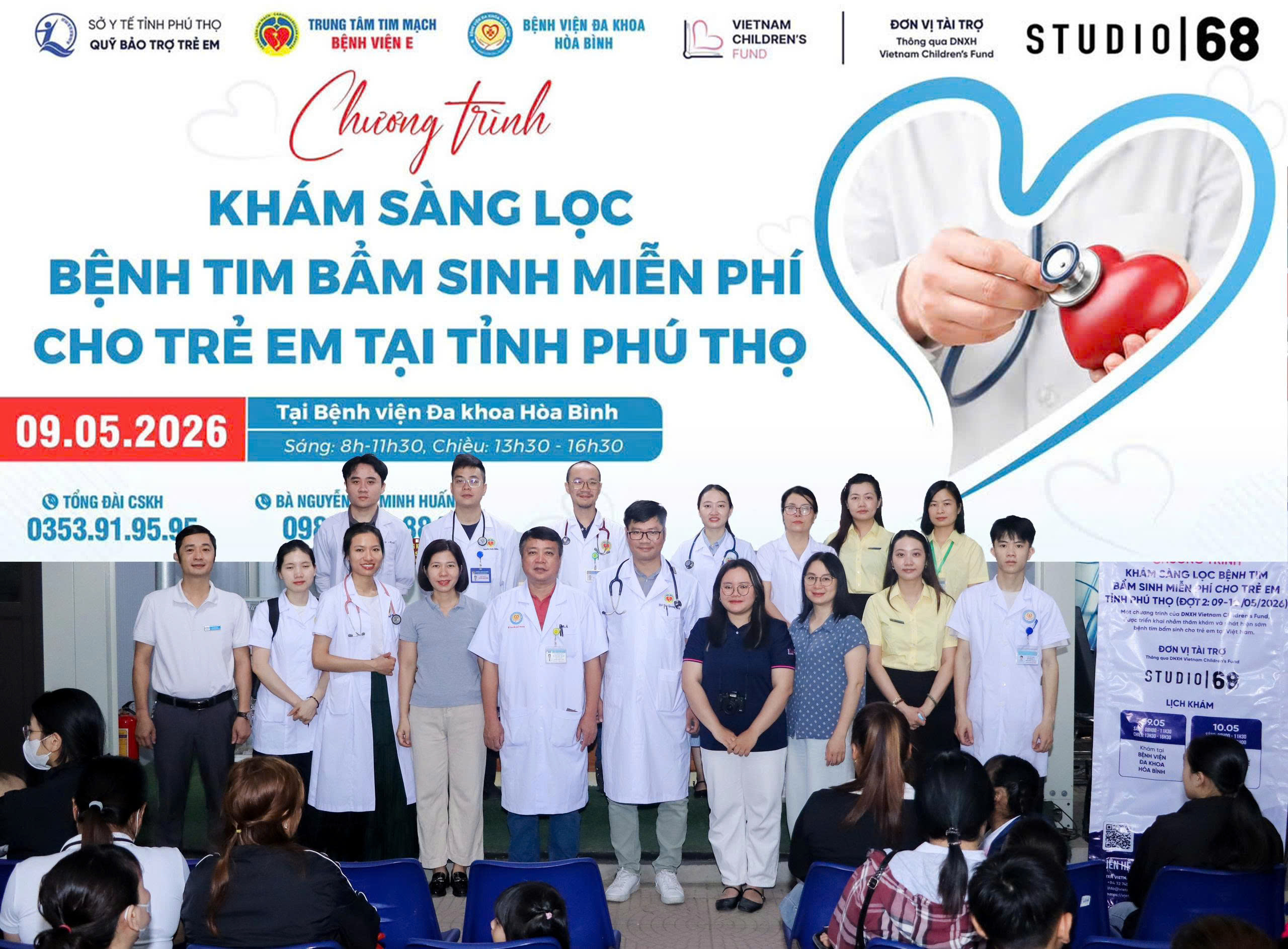   Bệnh viện Đa khoa Hòa Bình phối hợp tổ chức khám sàng lọc tim bẩm sinh miễn phí cho trẻ em